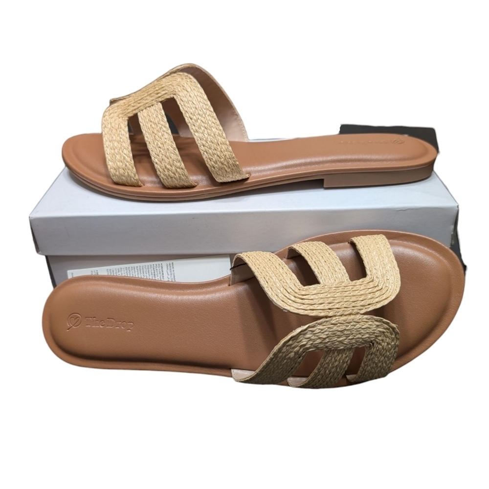 The Drop Monika Raffia Slip On‎ Neutral Tan Flat H-Band Slide Sandals Size 13